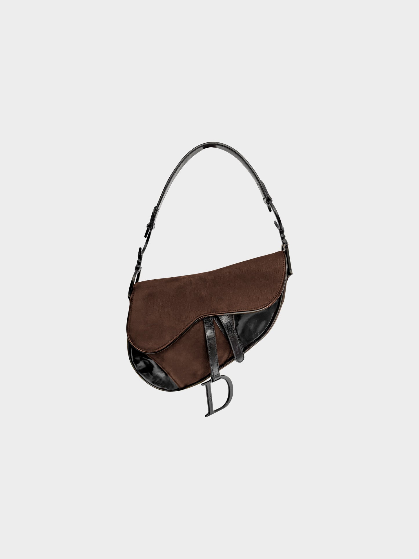 Christian Dior 2000 Dark Brown Canvas and Black Patent Leather Saddle Bag