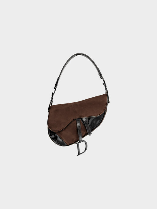 Christian Dior 2000 Dark Brown Canvas and Black Patent Leather Saddle Bag