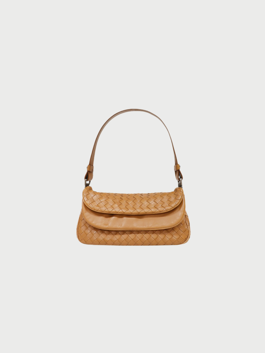 Bottega Veneta 2000s Brown Intrecciato Leather Double Flap One-Shoulder Bag