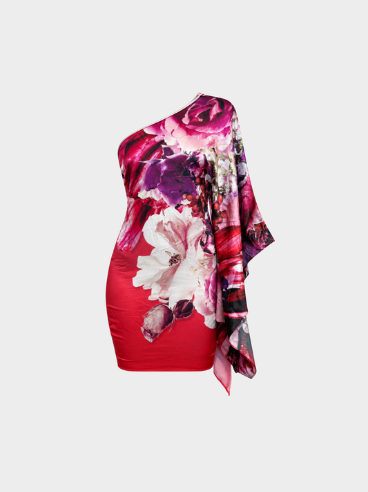 Roberto Cavalli 2010s Red Pink Floral Print Asymmetrical Draped Silk Mini Dress