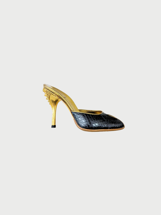 Gucci SS 2004 Black Gold Python Leather Mules