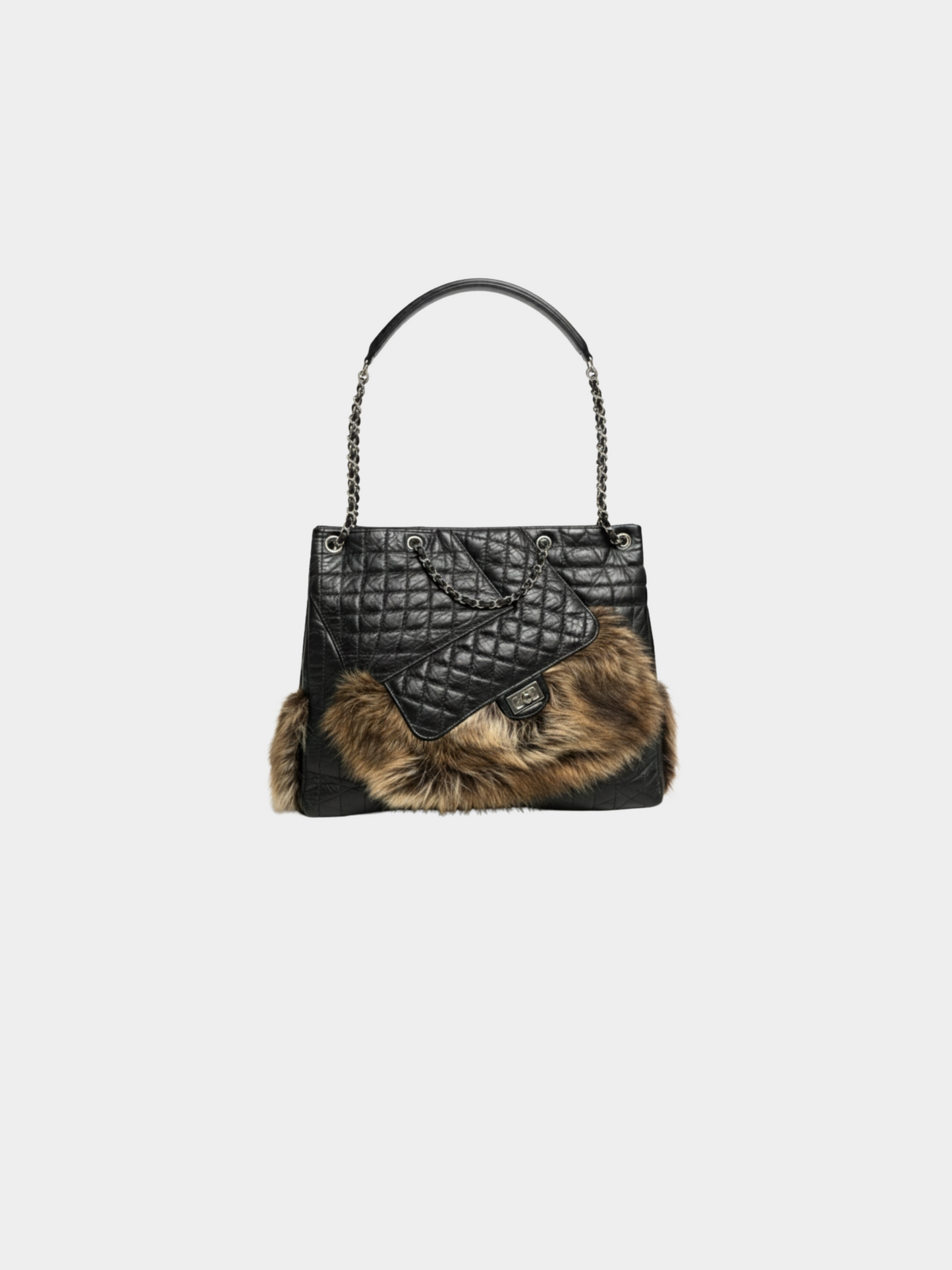 Chanel 2000s Black Quilted Leather Fur-Trim Tote Bag