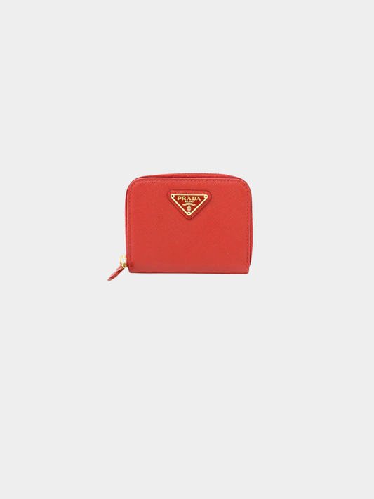 Prada 2010s Red Saffiano Leather Triangle Logo Coin Case