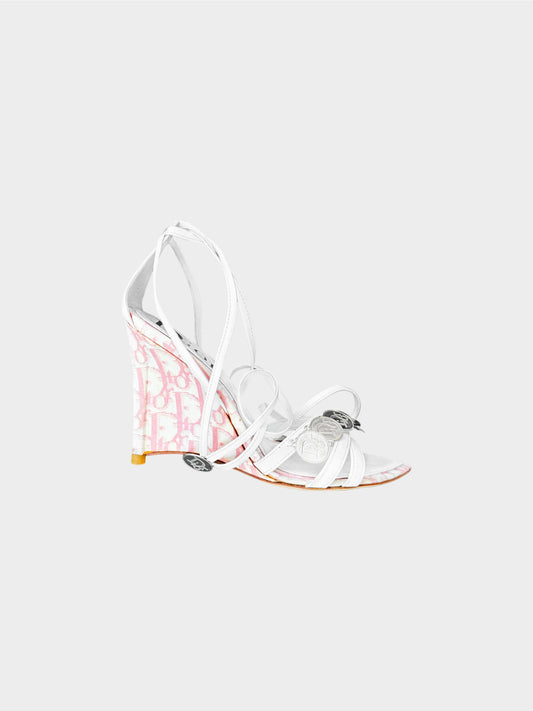 Christian Dior 2000s Pink Trotter Medallion Strappy Wedge Sandals