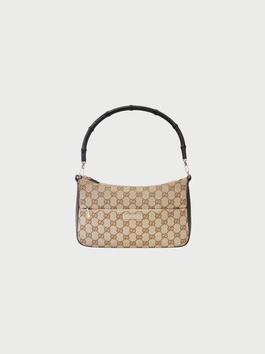 Gucci 2000s Beige Brown GG Canvas Bamboo One-Shoulder Bag