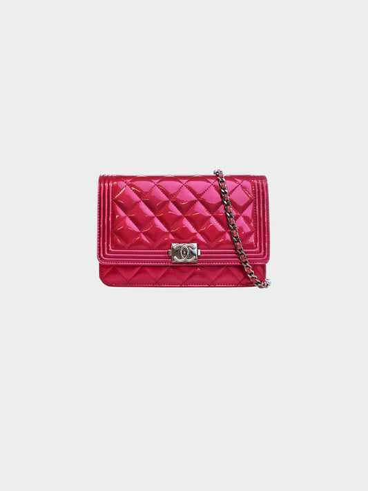 Chanel 2014 Pink Patent Boy Wallet On Chain