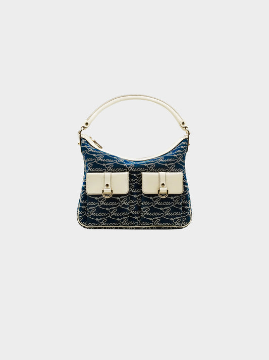 Gucci 2010s Navy and Cream Canvas and Leather Handbag