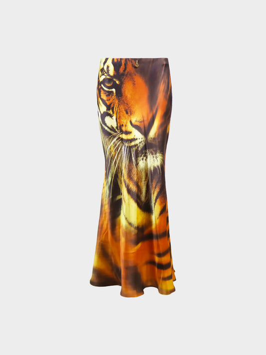 Roberto Cavalli SS 2000 Tiger Print Silk Maxi Silk Skirt