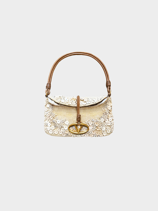 Valentino 2000s Beige Floral Beaded and Embroidered Satin Evening Shoulder Bag