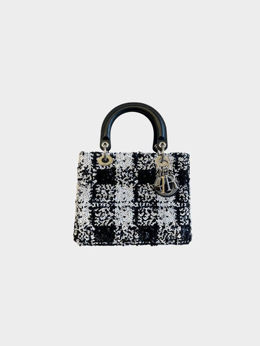 Christian Dior 2020s Black White Sequin Medium Lady Dior Bag