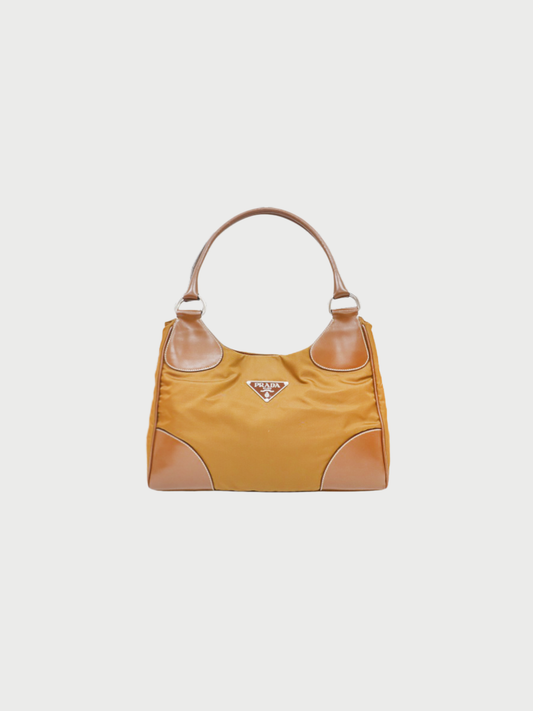 Prada 2000s Brown Nylon Leather Triangle Logo Hardware Handbag