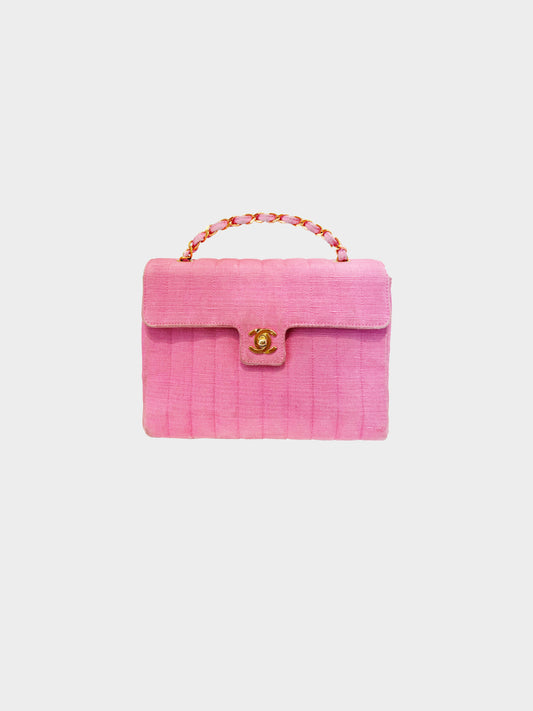 Chanel 1991-1994 Pink Canvas Stitched Flap Bag