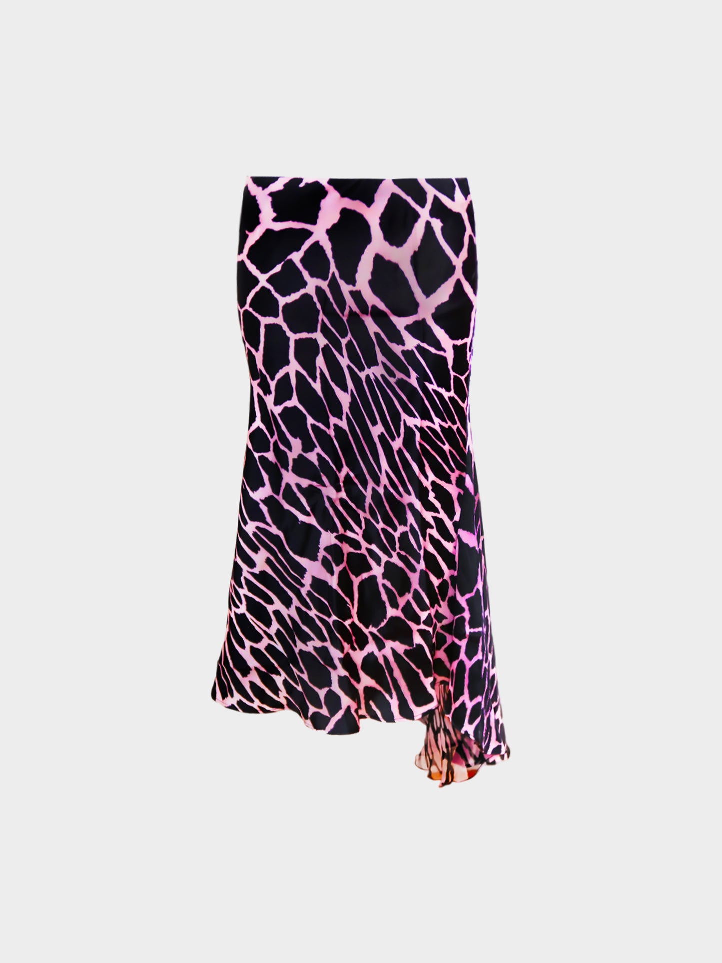 Roberto Cavalli 2000s Black and Pink Giraffe Print Asymmetrical Silk Skirt