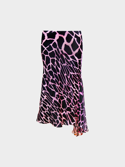 Roberto Cavalli 2000s Black and Pink Giraffe Print Asymmetrical Silk Skirt