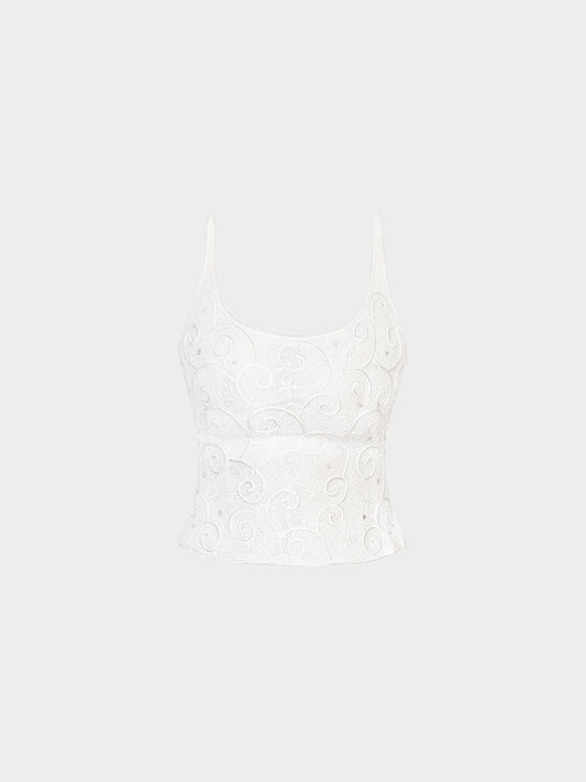 Escada 1990s White Swirl and Flower Print Silk Tank Top