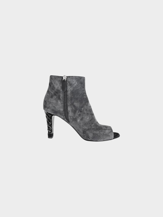 Chanel 2018 Grey Suede Peep Toe Ankle Boots