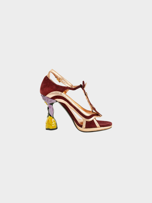 Prada SS 2008 Burgundy and Rose Gold Tulip Motif Heels