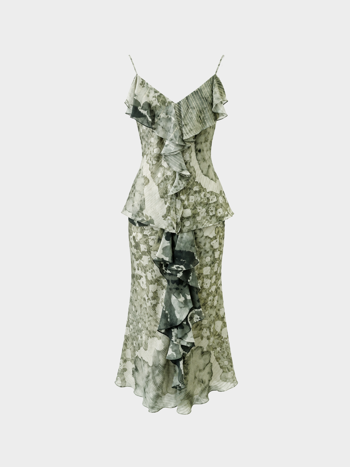 Christian Dior SS 2003 Taupe Green Ruffle Silk Chiffon 2-Piece Skirt & Cami Set