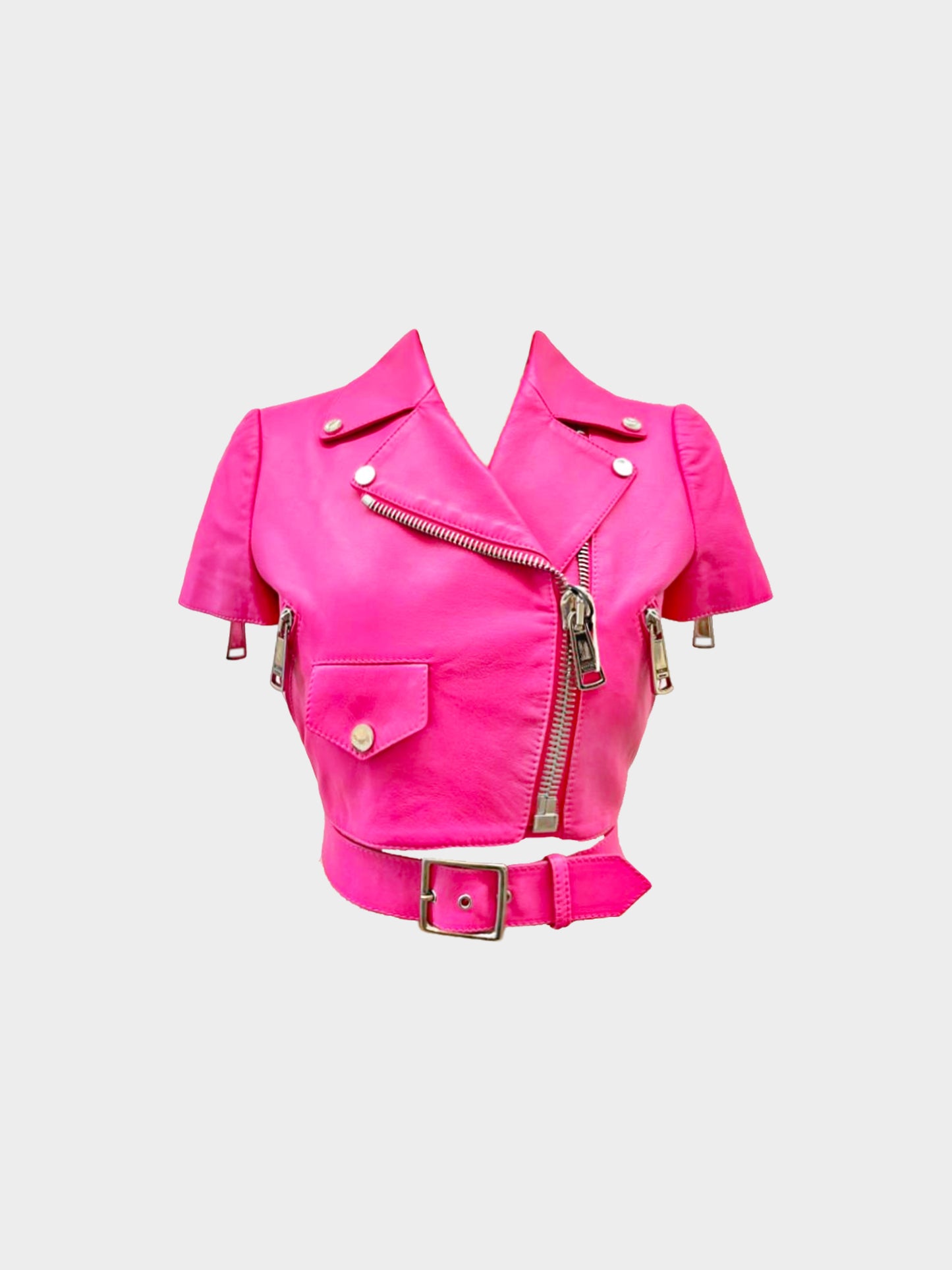 Moschino x Jeremy Scott SS 2015 Couture Barbie Pink Leather Cropped Jacket