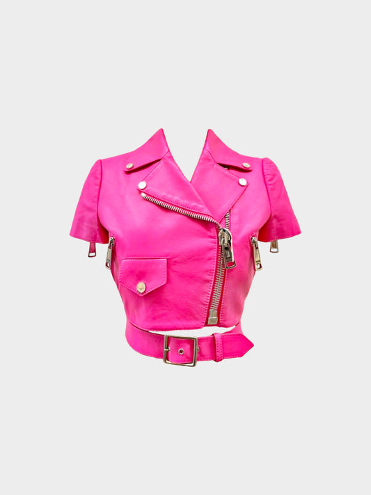 Moschino x Jeremy Scott SS 2015 Couture Barbie Pink Leather Cropped Jacket