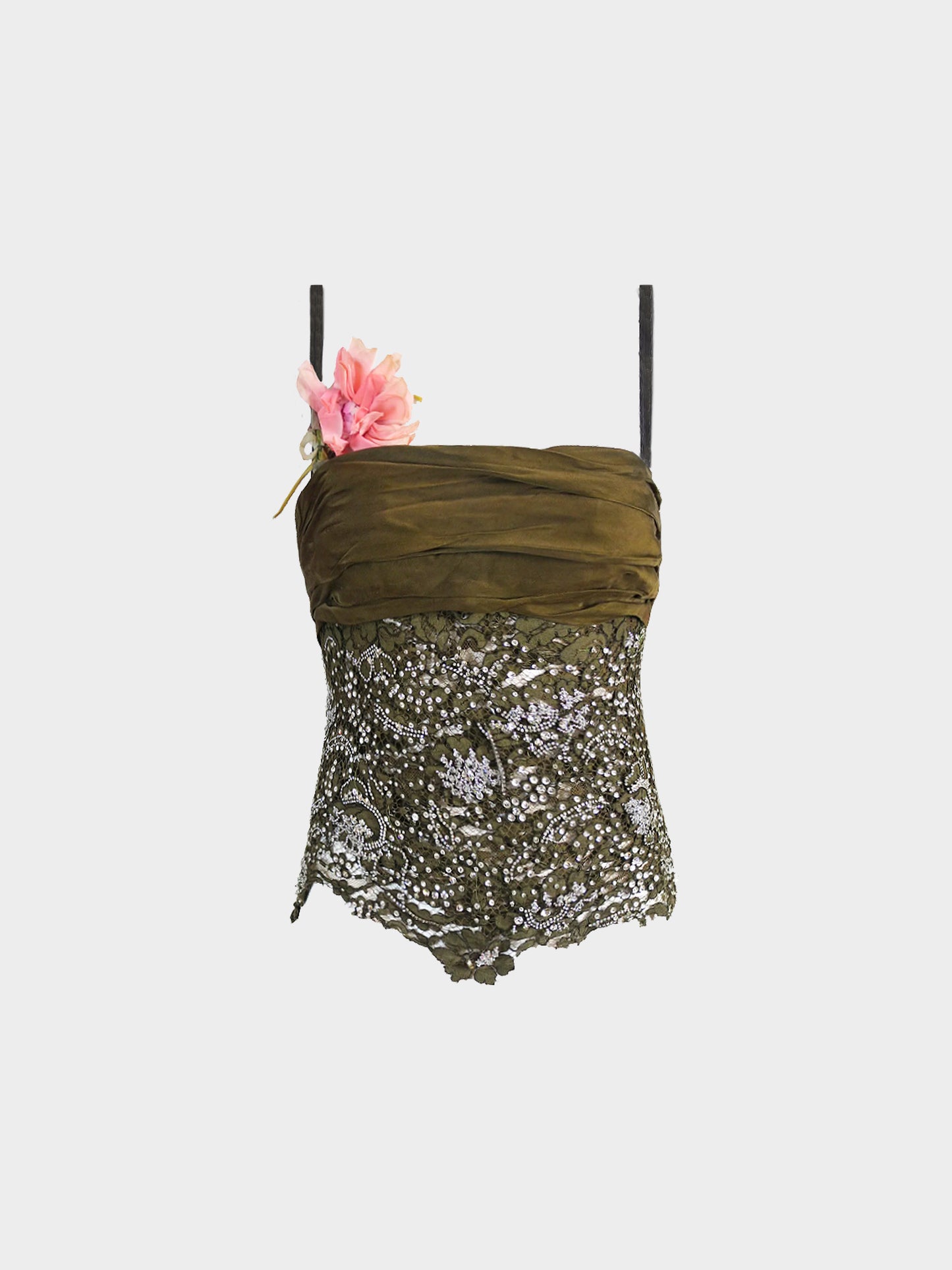 Dolce and Gabbana SS 2000 Army Green Lace and Rhinestones Bustier Top