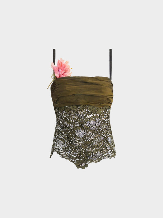Dolce and Gabbana SS 2000 Army Green Lace and Rhinestones Bustier Top