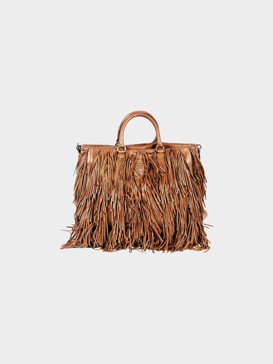 Prada 2006-2007 Brown Lambskin Leather Fringe Large Tote Bag