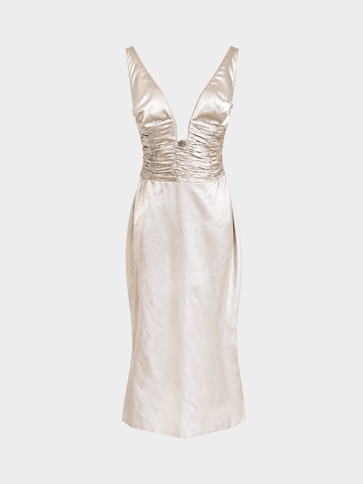 Roberto Cavalli 2000s Silver Silk Satin Ruched Plunge Cocktail Dress