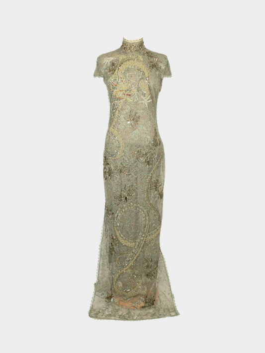 Emilio Pucci 2000s Green Lace Embroidered Asian Dragon Dress