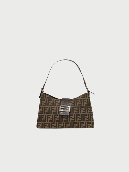 Fendi 2000s Brown Canvas Leather Trim Zucca One-Shoulder Bag
