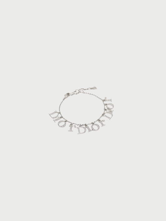 Christian Dior 2000s Silver Plated Metal Rhinestone Logo Bracelet