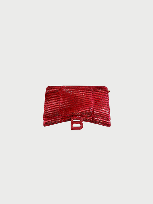 Balenciaga 2020s Red Crystal Suede Hourglass Wallet on Chain