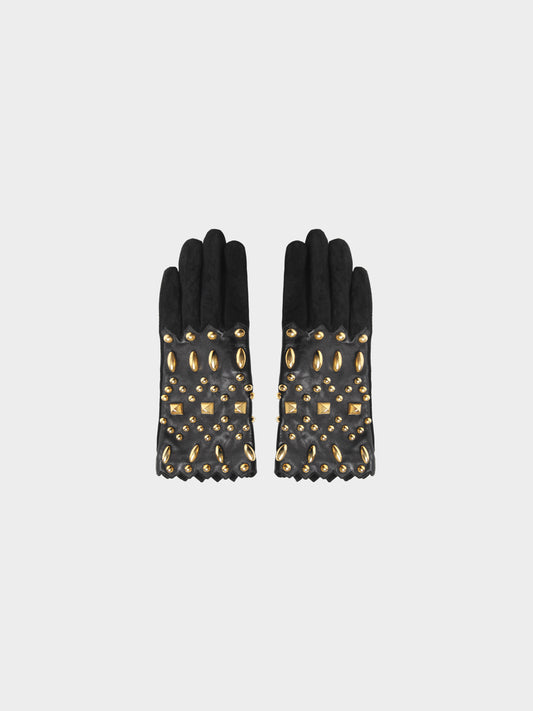 Christian Lacroix 2000s Black Leather Gloves with Gold Metal Studs