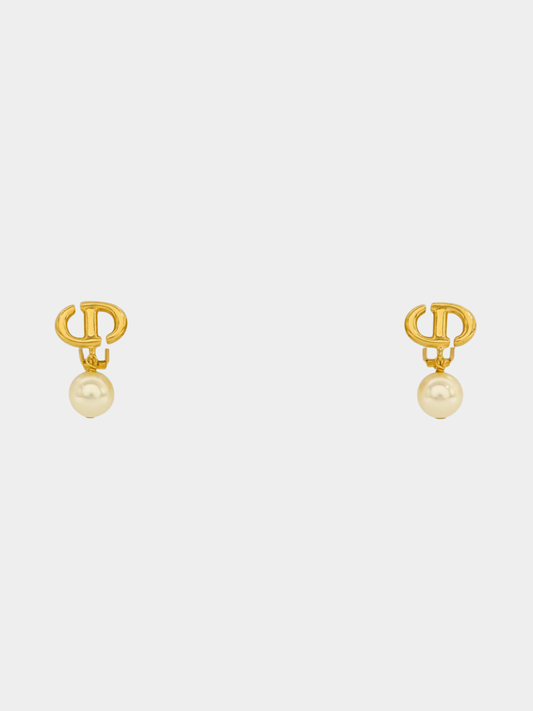 Christian Dior 2000s Gold CD Pearl Earrings