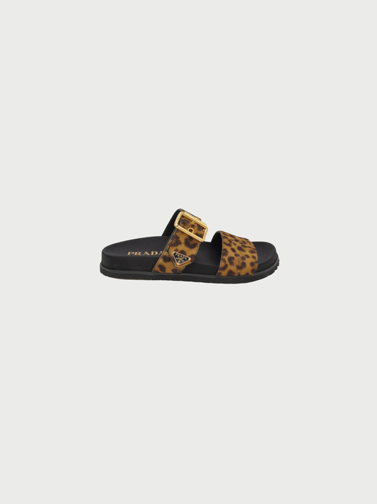Prada 2010s Leopard Pony Hair Triangle Logo Sandals