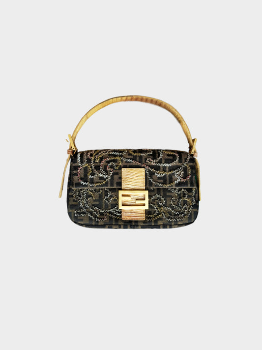 Fendi 2000s Zucca Lizard Beaded Baguette