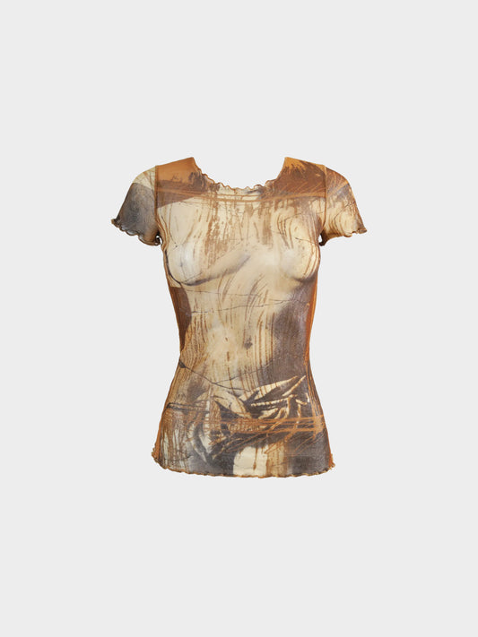 Jean Paul Gaultier SS 1999 Brown Venus de Milo Short Sleeve Mesh Top