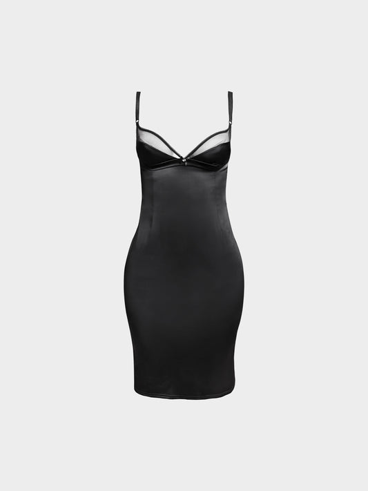 Dolce and Gabbana 2000s Black Satin Mesh-trimmed Fitted Dress