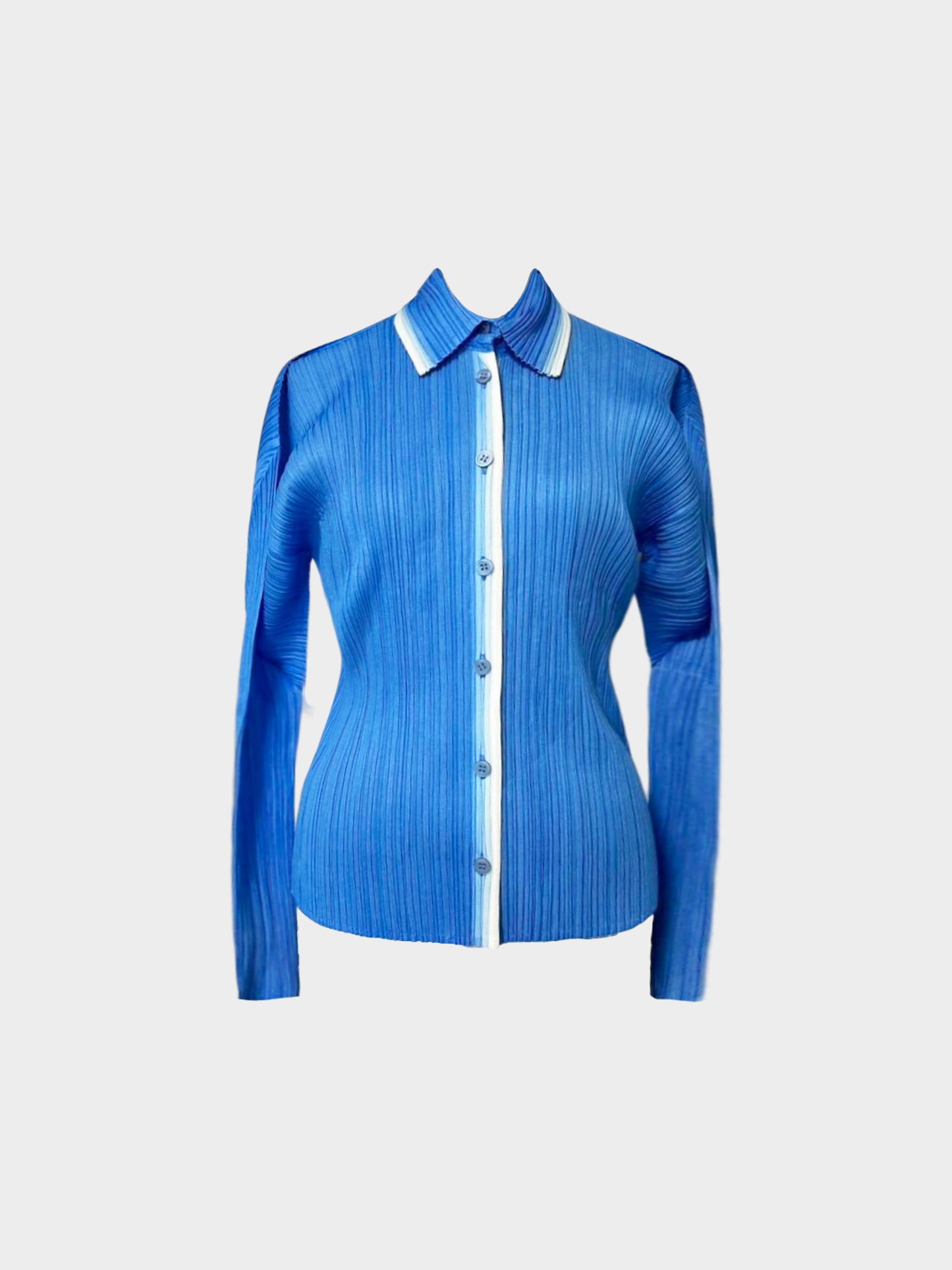 Issey Miyake Pleats Please 2000s Blue and White Trim Button-up Shirt