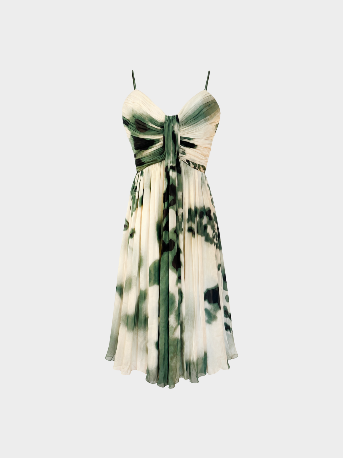 Roberto Cavalli 2000s Beige Green Abstract Print Pleated Silk Mini Dress