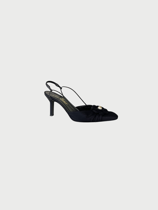 Chanel 2020s Black Grosgrain Leather Camellia Pearl Slingback Heels