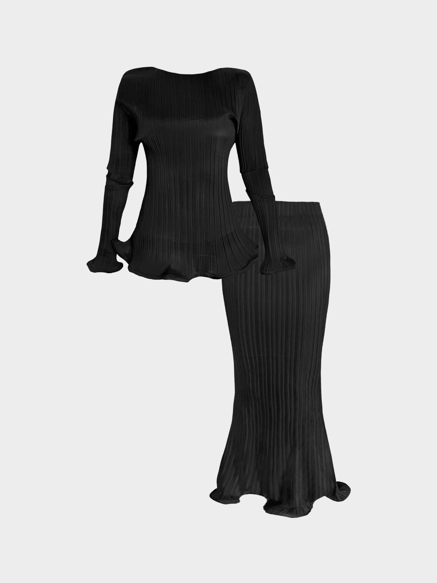 Issey Miyake 2010s Pleats Please Black Pleated Top and Skirt Set
