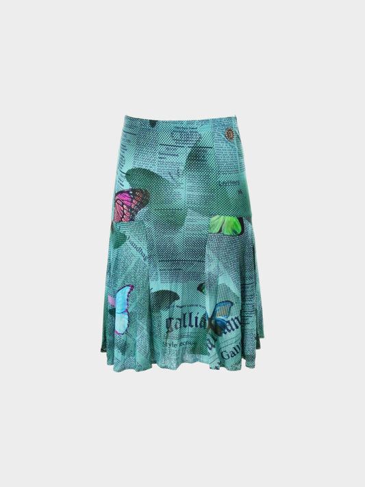 John Galliano 2000s Blue Newspaper Print Skirt