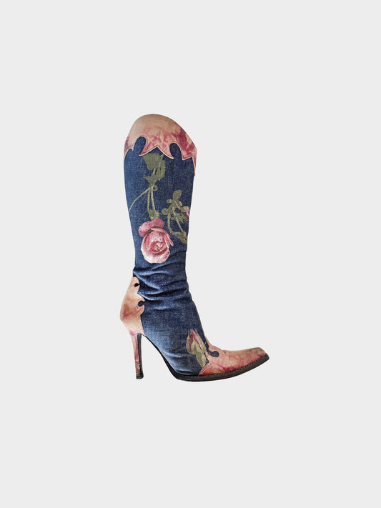 Roberto Cavalli Early 2000s Denim Floral Boots