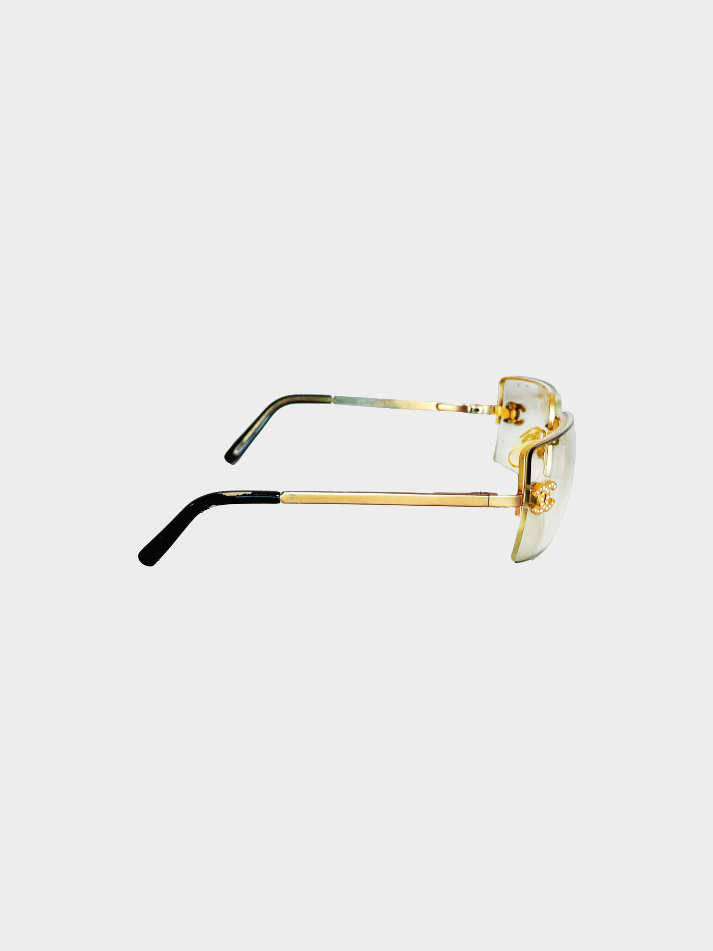 Chanel 2000s Rare Gold Metal Rhinestone CC Sunglasses