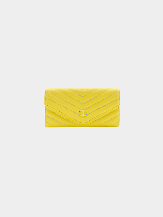 Chanel 2010s Yellow V-Stitch Lambskin CC Logo Long Wallet