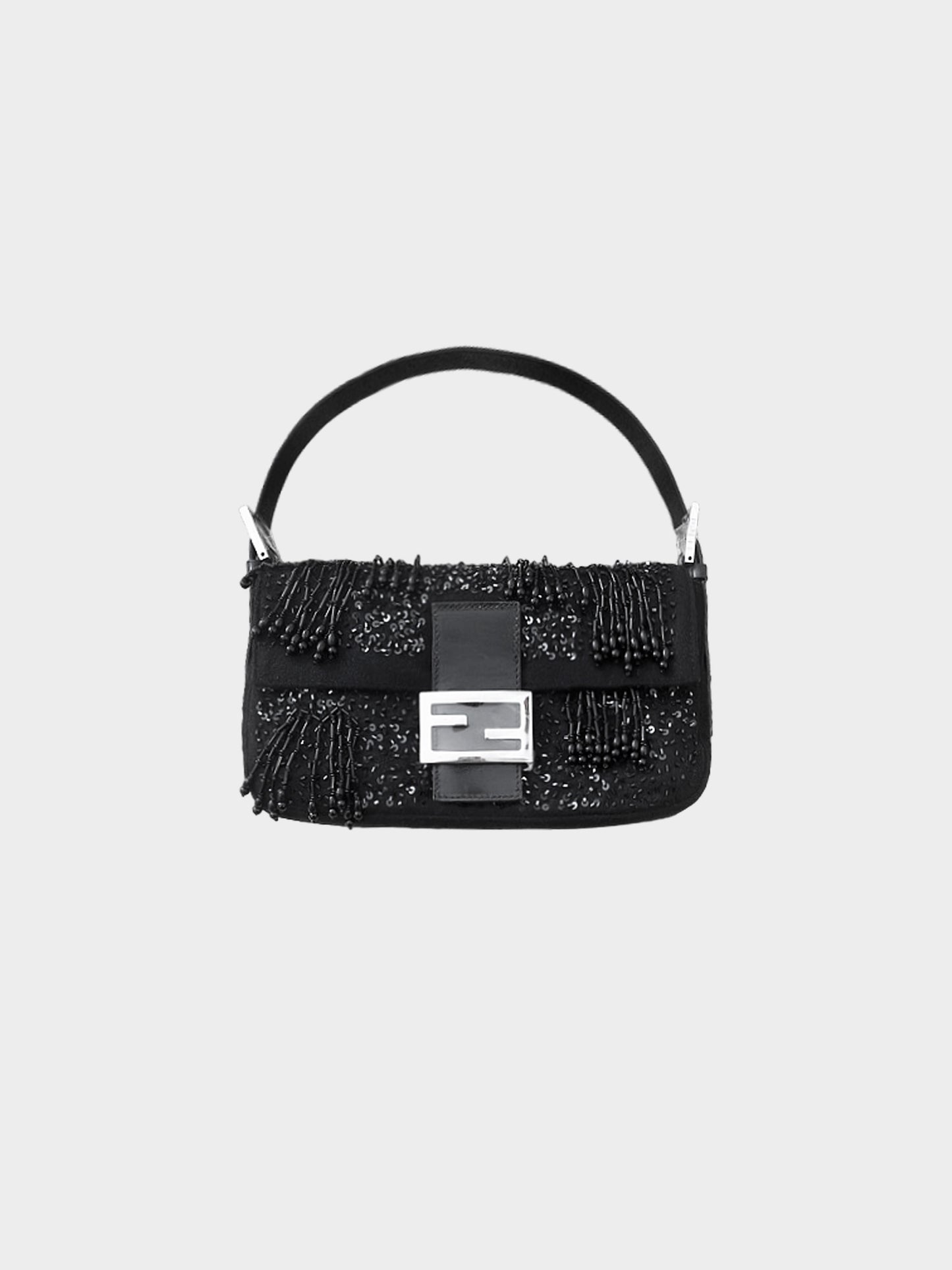 Fendi 2000s Black Sequin and Beaded Wool Baguette Bag