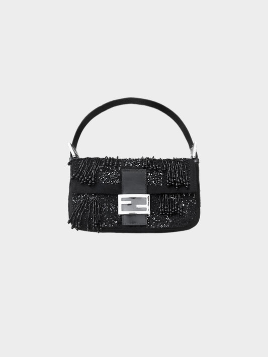 Fendi 2000s Black Sequin and Beaded Wool Baguette Bag