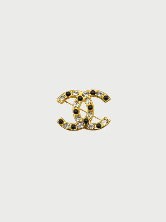 Chanel 2000s Gold Black Coco Rhinestone Brooch