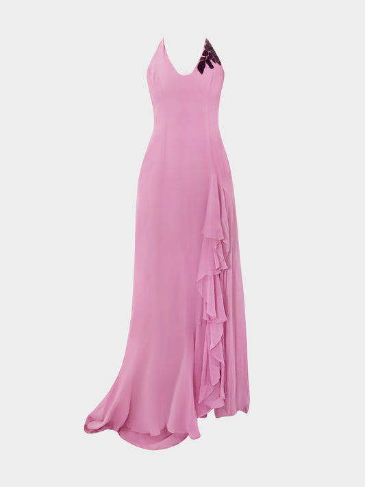 Gai Mattiolo 2000s Pink Chiffon Floral Motif Sequin Ruffled Long Dress